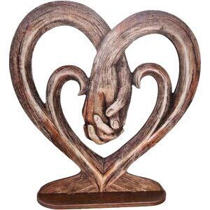 Heart Holding Hands Art Sculpture Wooden Desktop Imitation Tree Trunk Forever